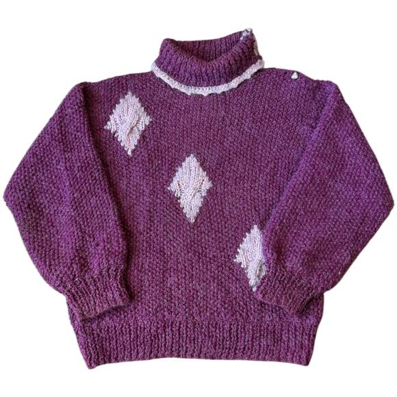 Vintage Handmade Purple & Pink Diamond Knit Turtleneck Sweater Size Large - Picture 2 of 15
